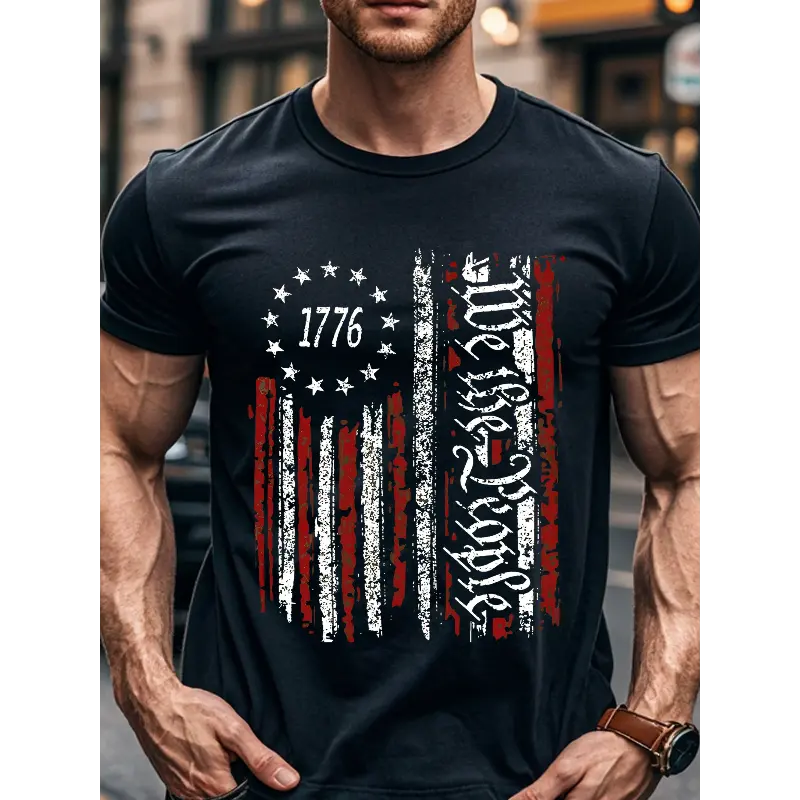 [Ultra-Soft Cotton T-shirt] WE THE PEOPLE American Flag 1776 Ultra-Soft 100% Cotton Black T-shirt For Men |   Graphic Casual Crew Neck, Funny, Stylish, Original, Cool, Breathable For Running And Weekend