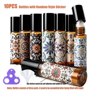 10pcs Rollerball Bottles with Stickers, Amber Glass Empty Bottles for Essential Oils, Perfume, Lip Gloss Travel Use, Best Mother's Day Gift