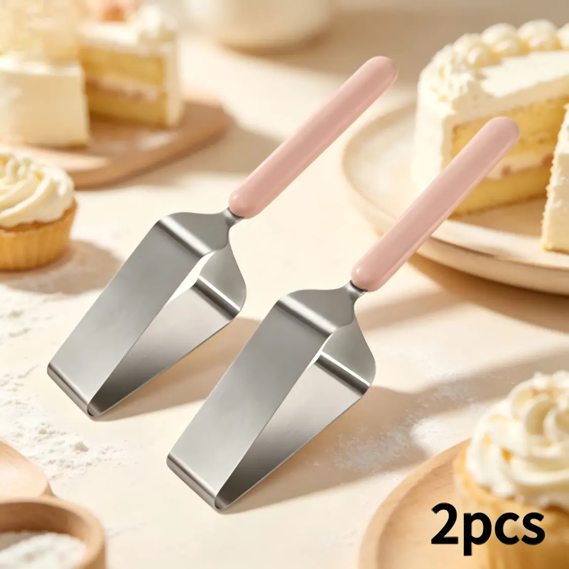 2Pcs Stainless Steel Cake Slicer Server Set - 1-Piece Cutting Spatula with Blush Pink Handle, Triangle Pie Cheesecake Tool for Baking Desserts