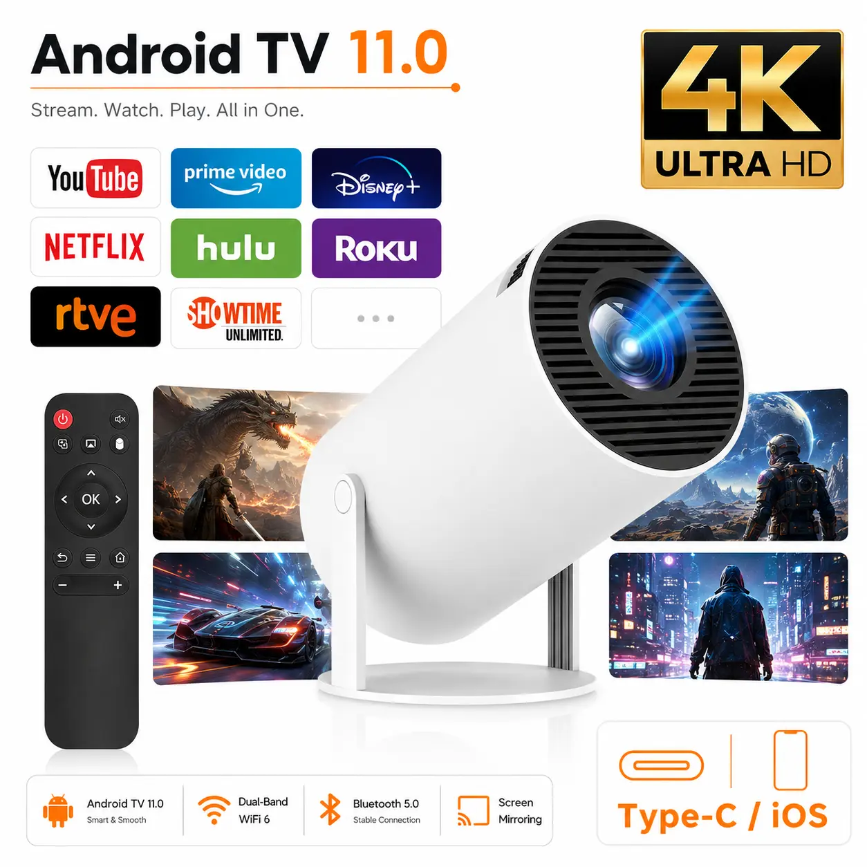 Portable Projector, 2.4/5G WiFi Smart Projector, 360 °   4K HD LED , BT 5.2, 200 Inch Screen,Built-in speaker, Home Video Projector,for Valentine’s Day Gift