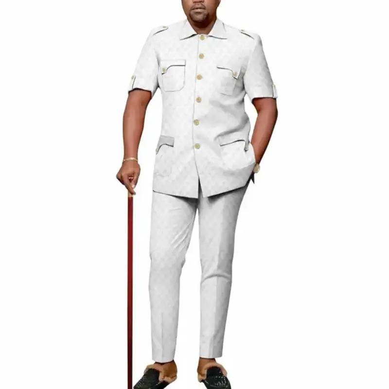 2 Piece Men's Suit Short Sleeve Pocket African Solid Wedding Party Suits Groom Tuxedos Homme for Formal Events
