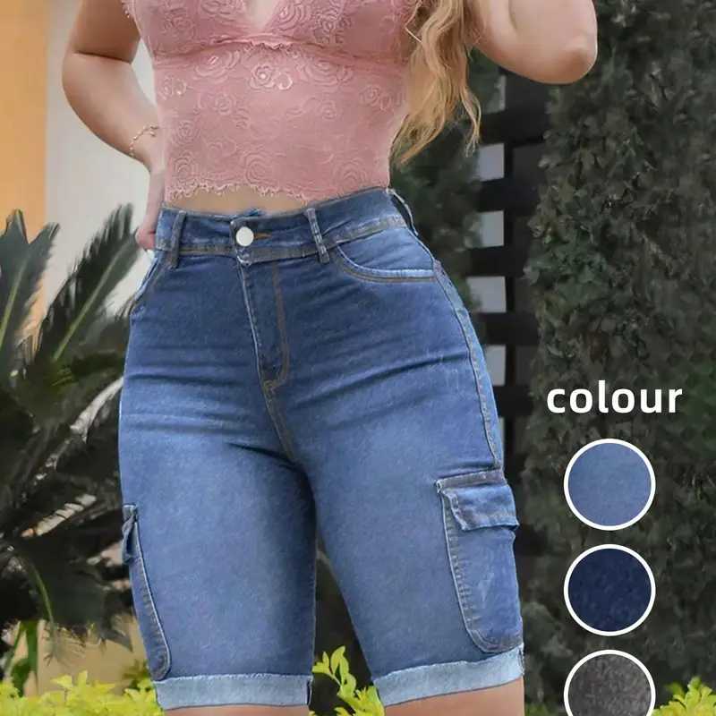 Women's Pocket Design Fitted Denim Shorts, Casual Basic Fashion Comfy Denim Shorts for Daily Outdoor Wear, Ladies Bottoms for Summer