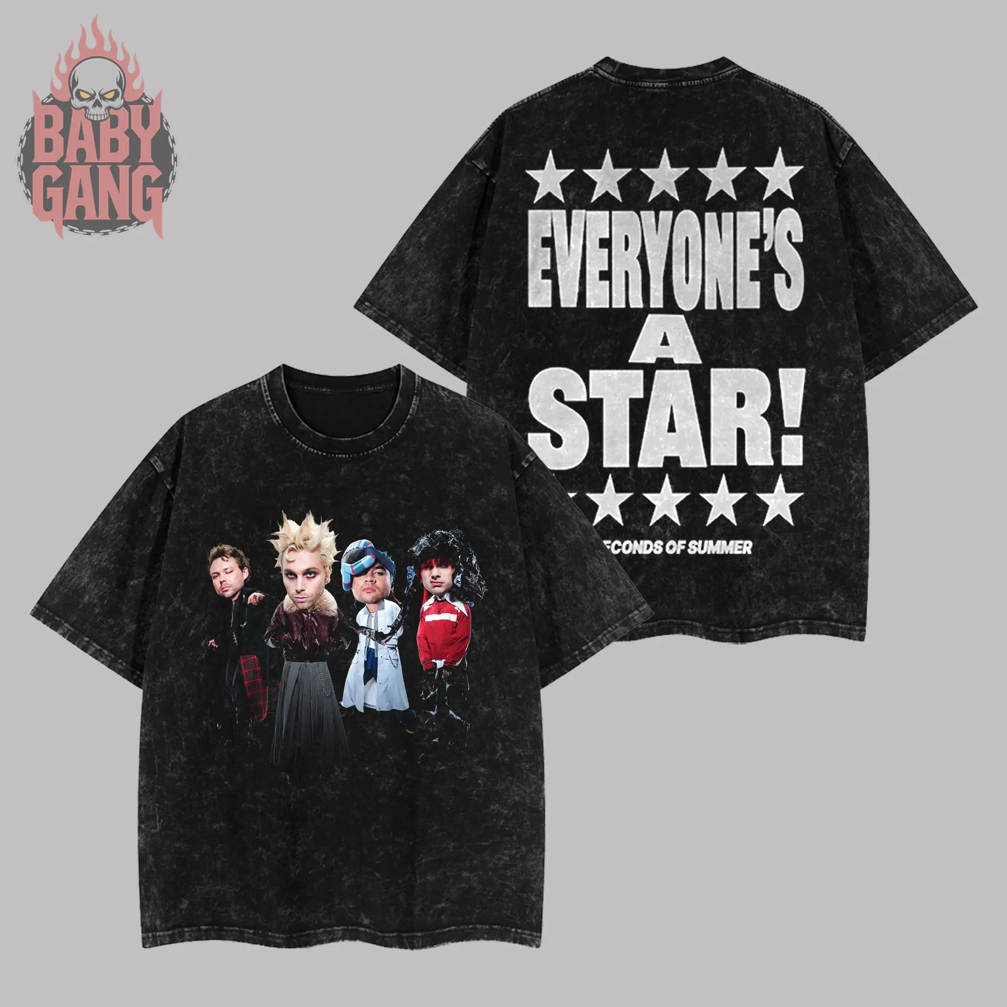[Baby Gang] 5 Seconds Of Summer Band Vintage Heavy Washed Shirt EVERYONE’S A STAR! 5SOS World Tour 2026 Men's T-shirt Unisex Oversize Rock Pop-rock Band Cotton Gift For Rock Music Lovers Y2K Outfits Vintage 90s Graphic