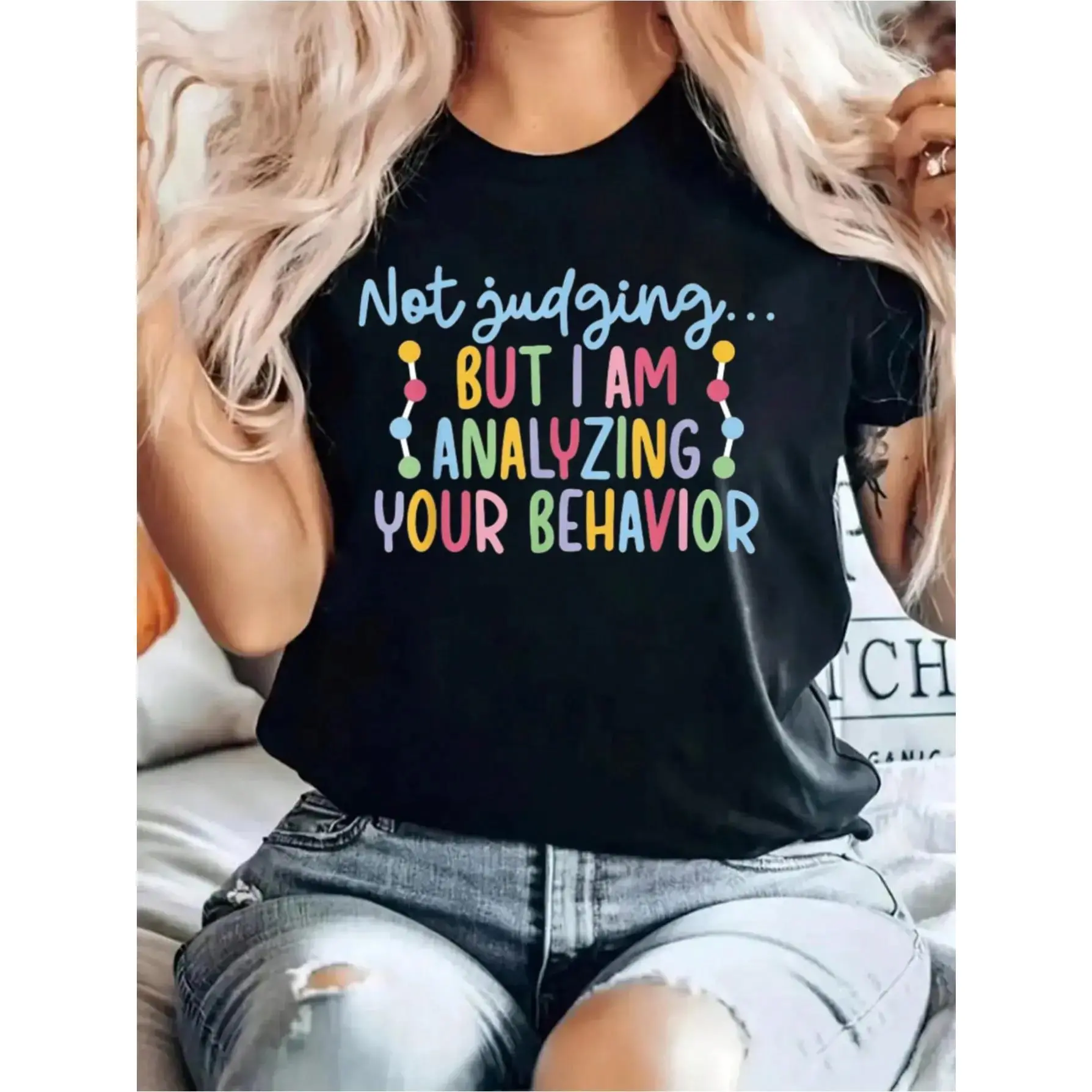 Women's Super Soft Cotton Loose-Fit Short-Sleeve T-Shirt - ABA Therapist Behavior Analysis Graphic Print, Round Neck Sporty Vintage Casual Sports Top, All-Season Base Layer for Spring Summer, Party Wear, Shortsleeve