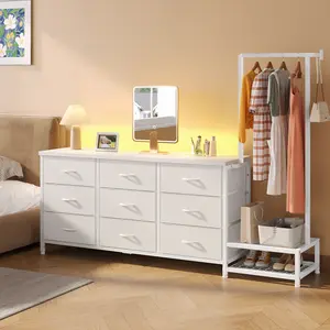 [All-in-One Design]RaybeeFurniture 9 Drawer Dresser with Hanging Rack & LED Lights, Reversible Clothes Garment Rack, Closet Organizer with 2-Tier Shoe Shelves, Fabric Storage Tower, Storgae Organizer Unit for Bedroom Entryway, Space Saving, Easy Assembly