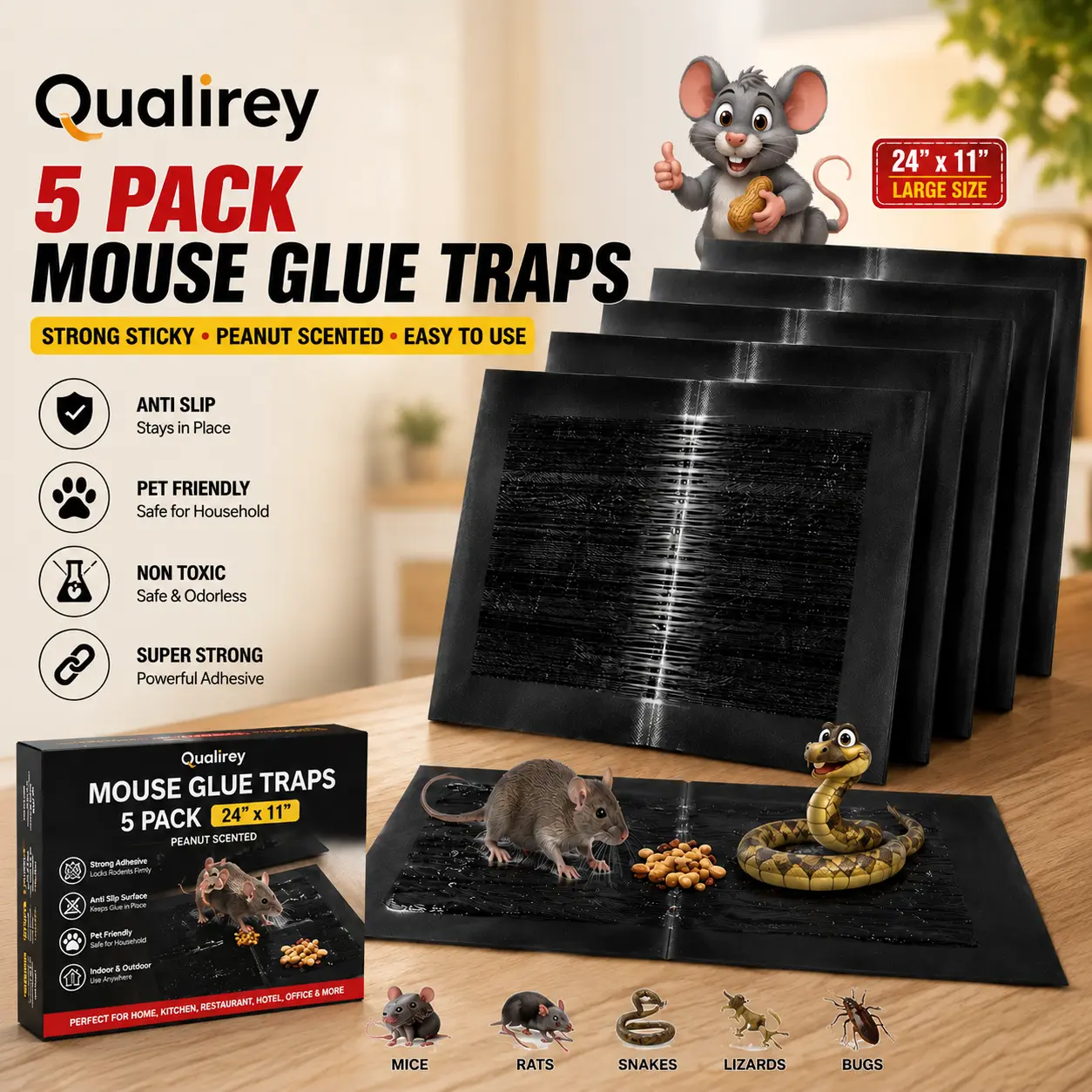 Qualirey 5-Pack 24x11in Mouse Glue Traps, Peanut-Scented Anti-Slip Sticky Pads, Pet-Friendly for Home Indoor Outdoor Pest Control (Works for Rodents, Rats, Snakes), Mouse Trap