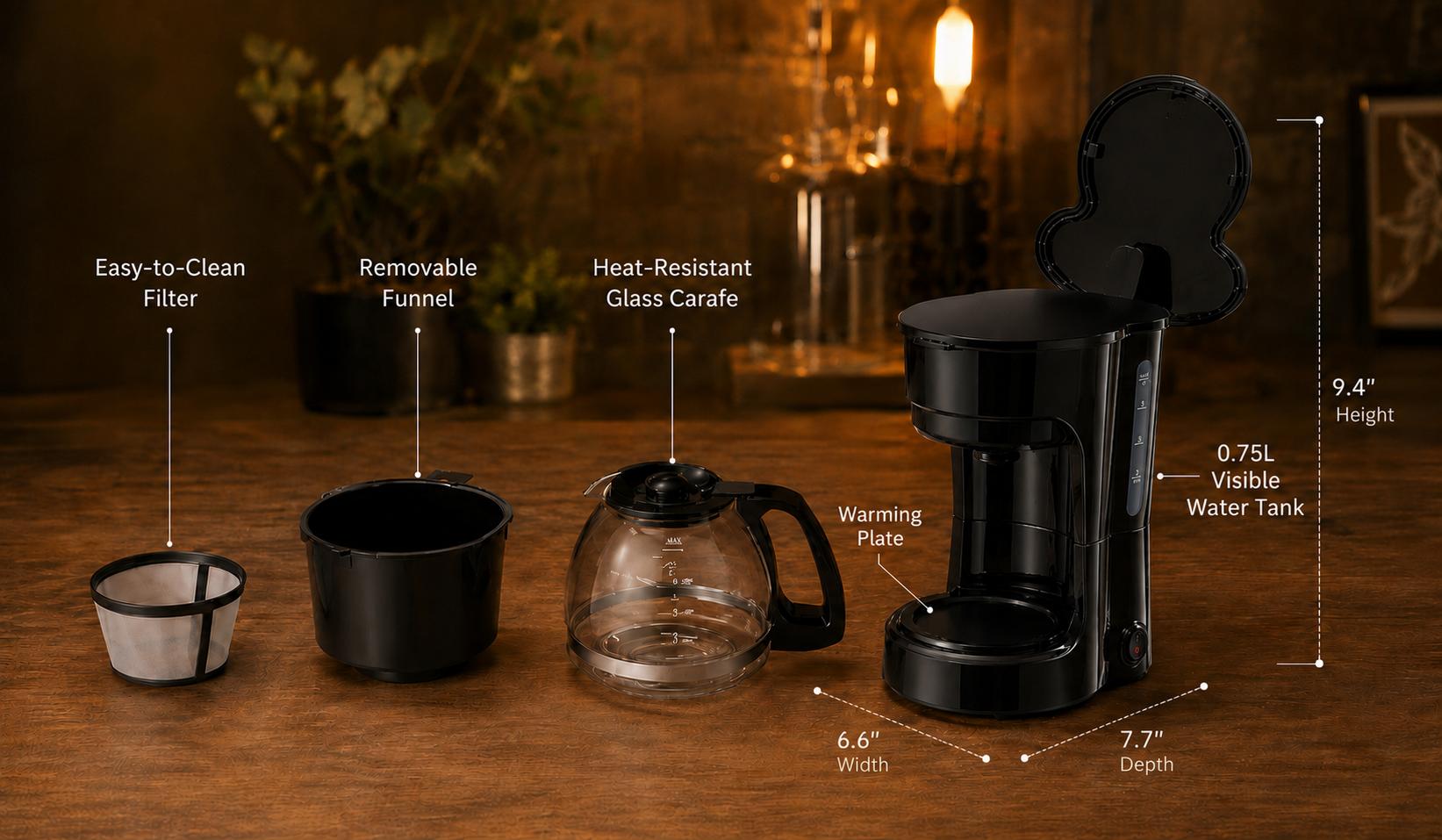 25oz Rectangular Drip Coffee Maker with 5-Cup Capacity, 25oz Water Reservoir, Easy-to-Read Water Window, Delay Brew, Keep Warm Plate, Auto-Shutoff, Reusable Filter, Overheat Protection, Slim Profile - Ideal for Couples, RV Use, Everyday