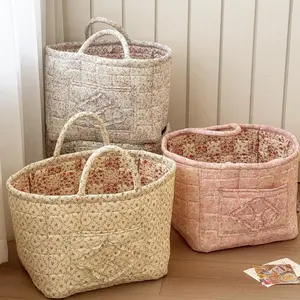 Foldable Cotton Laundry Storage Basket,Quilted Laundry Basket Floral Storage Basket Cute Fabric Laundry Baskets Large Foldable Nursery Hamper,Floral Quilted Fabric Car Storage Basket Handles Large Laundry Baskets