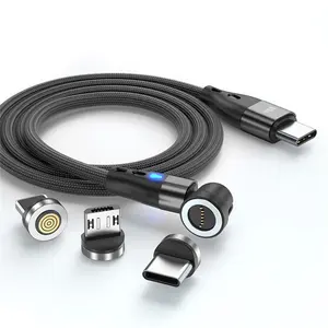 3A 60W Magnetic Fast Charging Data Cable, Nylon Aluminum Alloy Data Cable, Rotatable Type-C & USB Data Charger Cord for iPhone & Android Tablet Laptop