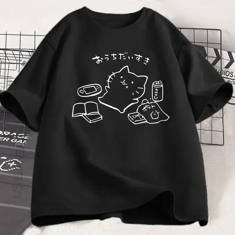 Japanese Style No Plan Cat Print T-shirt for Women Funny Short Sleeve Summer Tshirt Kawaii Kitty Cat Lover Tees