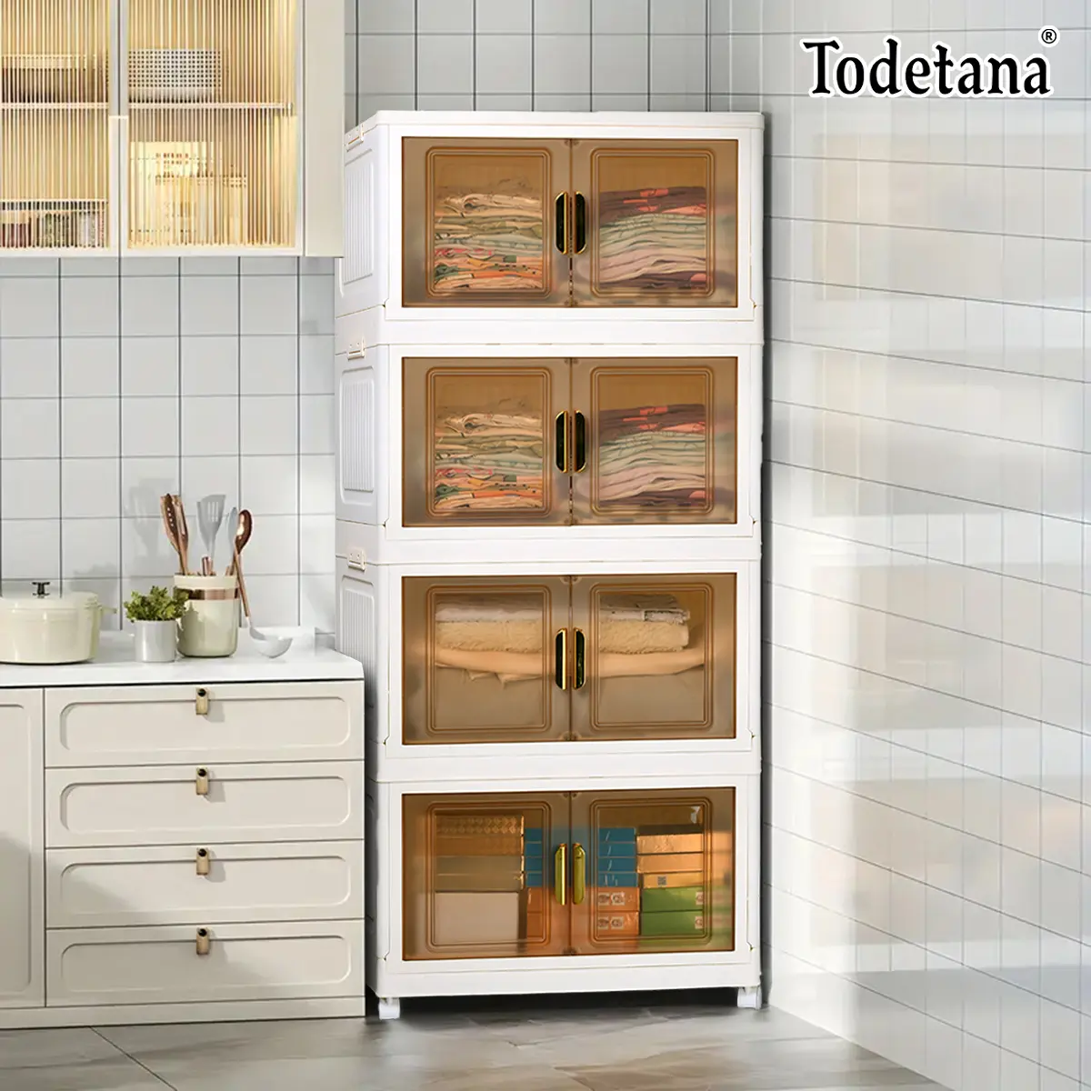 3/4 Multi-Tier Foldable Rolling Storage Cabinet, Clear Double Door Stackable Closet Organizer, Heavy Duty Plastic Storage Shelf for Clothes Shoes Sundries Home Use, Best Christmas Gift, Housewarming Present, College Dorm Gift