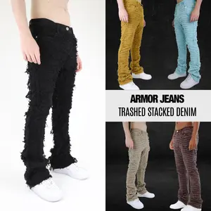Trashed Frayed Stacked Denim Men Jeans by Armor Jeans, 2023 Streetwear Pants: 36" Inseam, Cotton, 8 Colors Menswear Distressed Stretchable Stylish Day Fabric