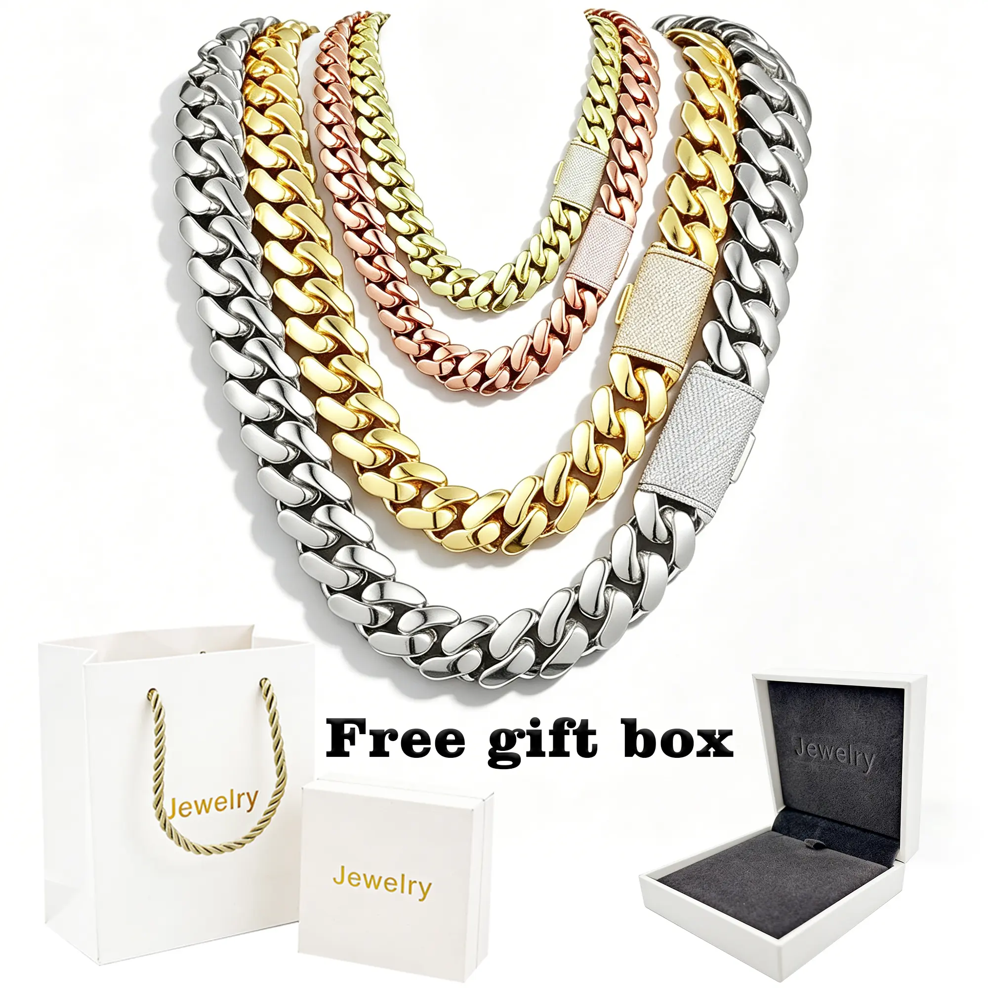Miami Cuban Link Chain Necklace & Bracelet Set, 14K/18K Gold/Rose Gold/Silver Plated Stainless Steel, Hip Hop Jewelry for Men & Women