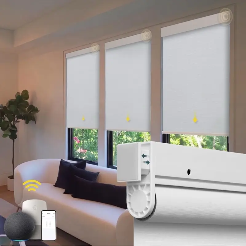 Motorized No-Drill Cordless Automatic Roller Shades, Smart Electric Window Blinds with Remote Control (White, 34x72 in)