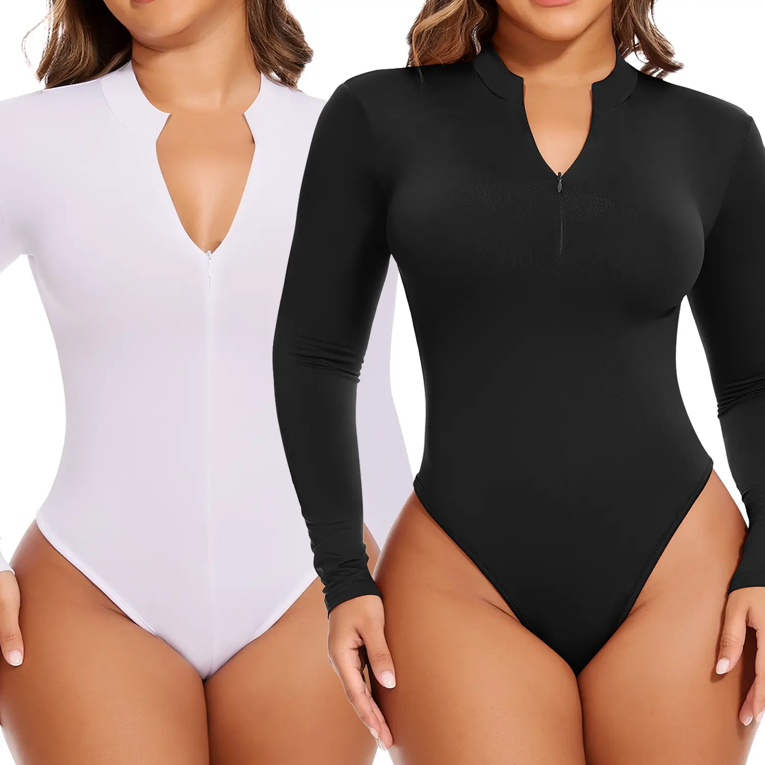 Women Long Sleeve Mock Turtle Neck Bodysuit Zip Up Tummy Control Body Suit Shirts Fleece Lined Thermal Tops Fit Womenswear