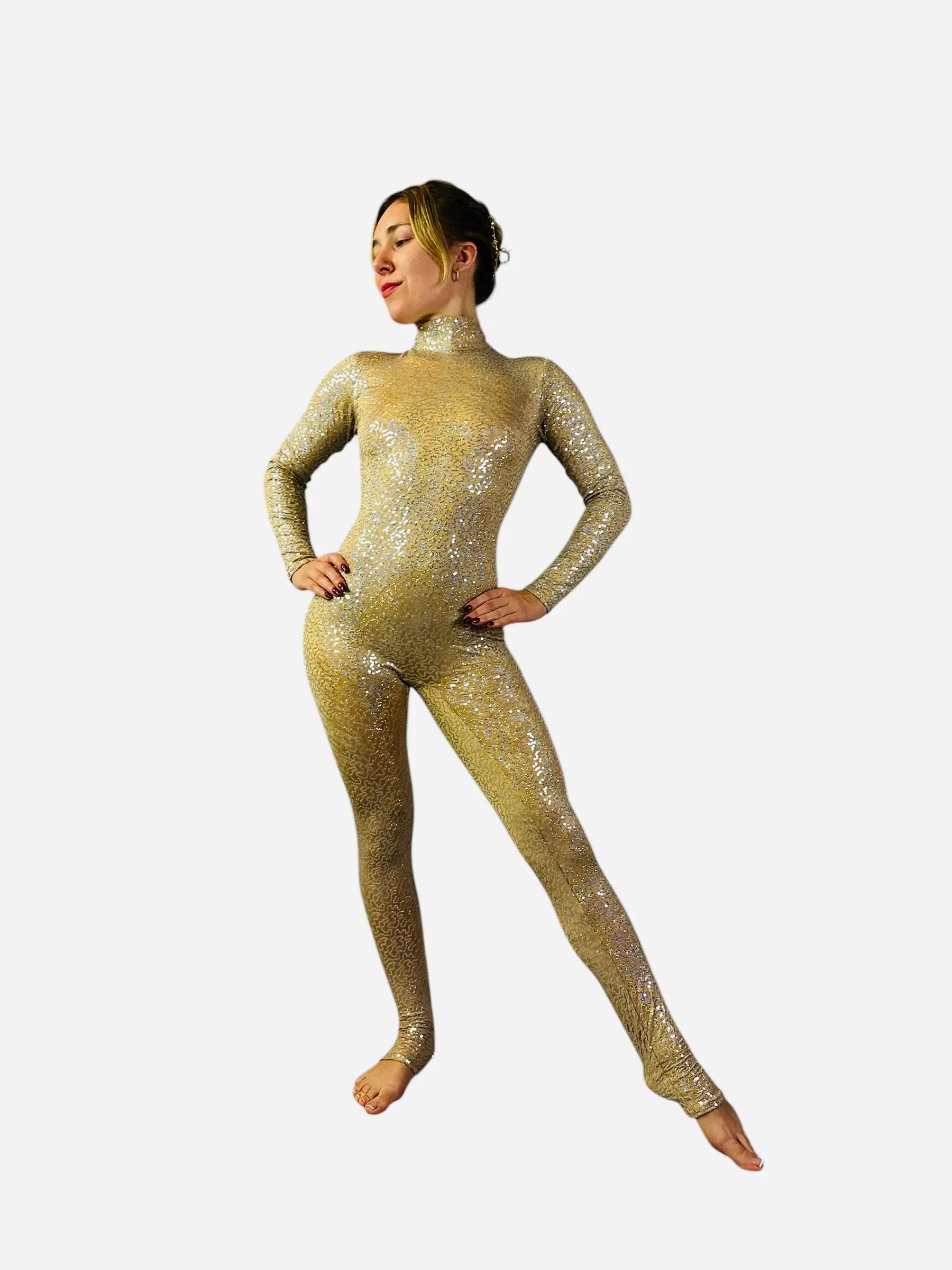 Champagne Sequin Jumpsuit, Iridescent Long Sleeve Turtleneck Costume with an Open Keyhole Back for Women's Performance, Light, Costumes, Fabric, Reflective, Stretchy, Clothes, Irisheffect, Fulllength, Highcollar