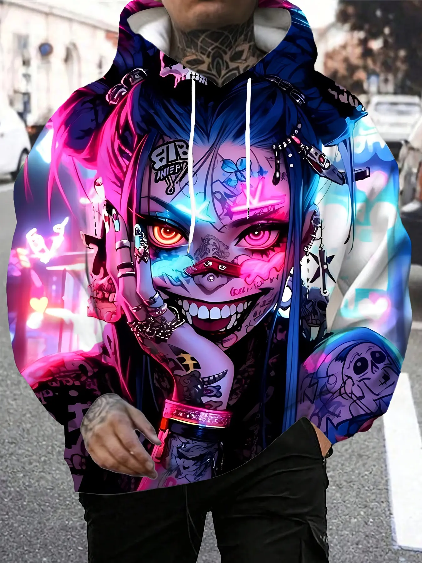Cyberpunk-style anime printed graphic hoodie sweatshirt, casual streetwear fashion style