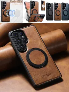 For Samsung Galaxy S26 Ultra Case Brown, Premium Leather Cover with Built-in 360 °   Spin Magnetic Stand, MagSafe Compatible, Military Grade Drop Protection, Invisible Rotatable Kickstand