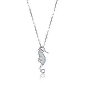 Women's Created White Opal Seahorse Diamond Pendant with Lobster Clasp, Sterling Silver, .012 Cttw, 18 Inch Cable Chain | Lavari Jewelers