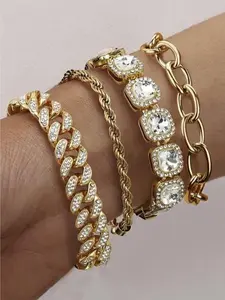 Dazzling 4 Pcs Golden Chunky Bracelets Alloy Stainless Steel Jewelry Set for Women Men Fashionable Tennis Bracelets Rhinestone Cuban Link Chain Bracelets Thick Punk Bracelet Stack