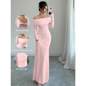 Sexy Elegant Fitted Long Sleeve Cinched Waist Double Layer Off-Shoulder Backless Twist Fishtail Hem Ribbed Knit Dress, White, Autumn/Winter Maxi Women Outfit Fabric Formal Womenswear Comfort Chic Workwear Polyester