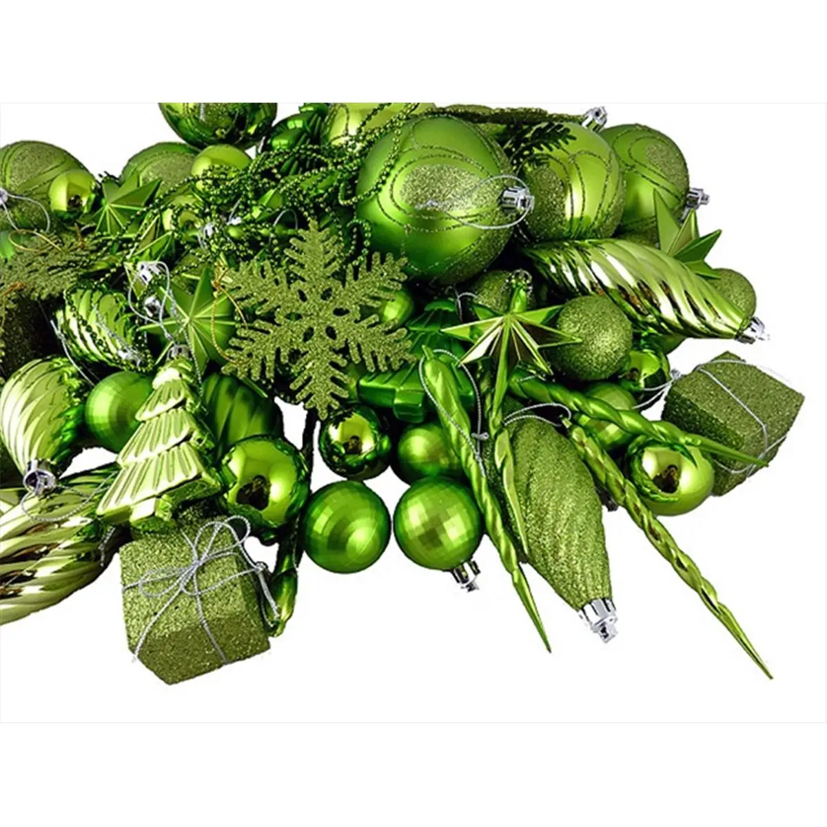 212 MAIN 125-Piece Shatterproof Tropical Green Kiwi Christmas Ornament Pack, Star-Snowflake Festive Tree Decoration, Shiny Garland Accessory Gift for Holiday Home Decor, Set, Silver Cord, Glitter Finish, 1.5 D In., 3.75 D Snowflake