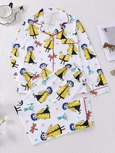 2-piece women's Caroline button bug dragonfly print long sleeve long pants top with small pocket button closure elastic waistband soft comfortable suitable for all seasons home leisure loungewear, Homewear, everyday wear Pajama Set