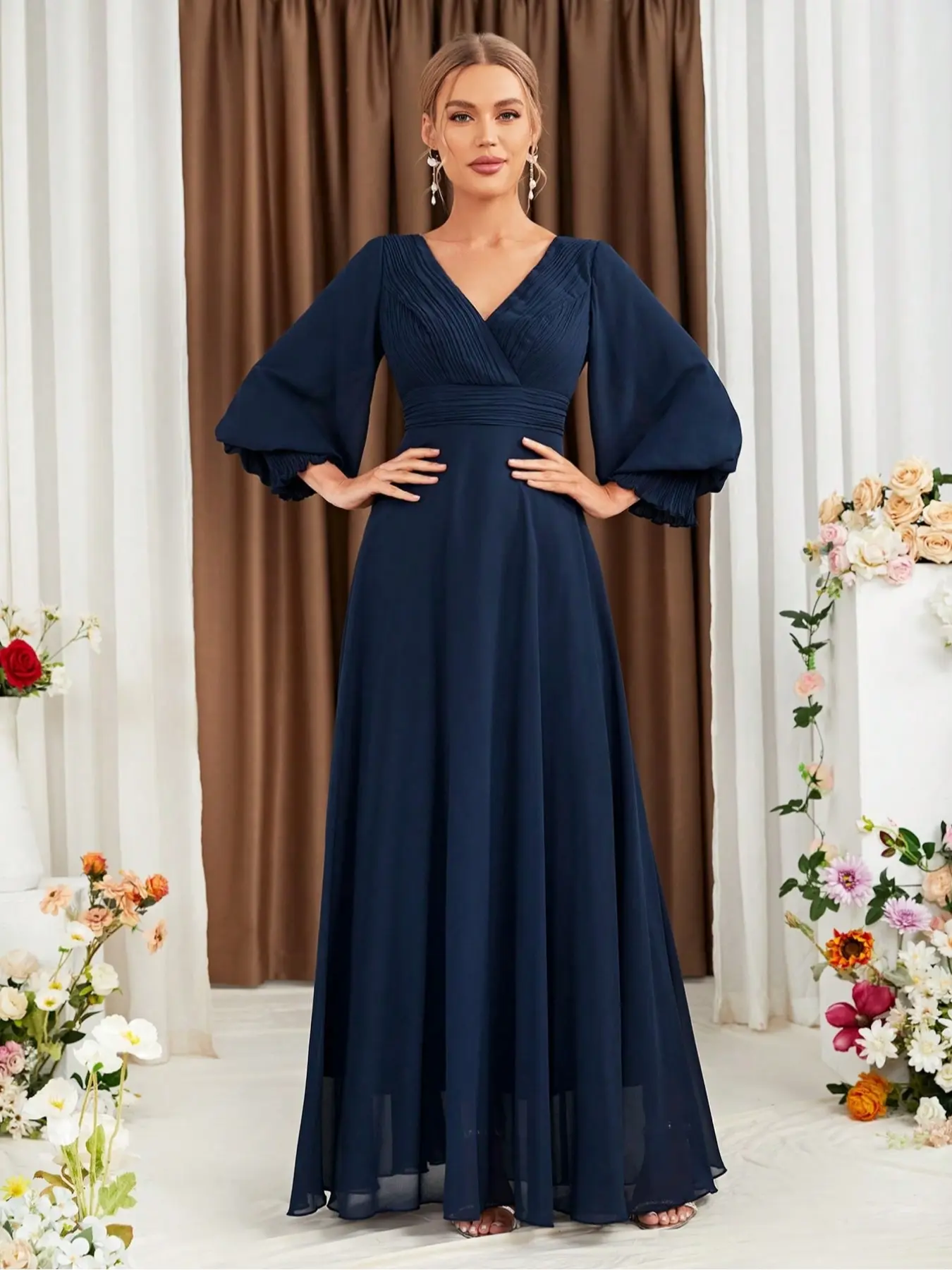 Elegant V Neck Lantern Sleeve Long Sleeves Chiffon Formal Bridesmaid Dress, Pure Color A-Line Maxi Gown, Waist Cinched, Elegant Style, Perfect for Weddings