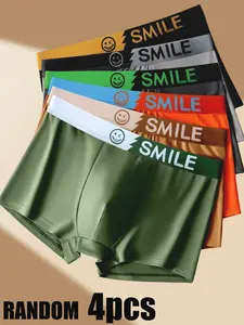 4PCS Random Men's Underwear Set, Casual Fitted Stretchy Boxer Briefs, Letter Belt Design, Soft Comfortable Fabric, Daily Wear, All Seasons