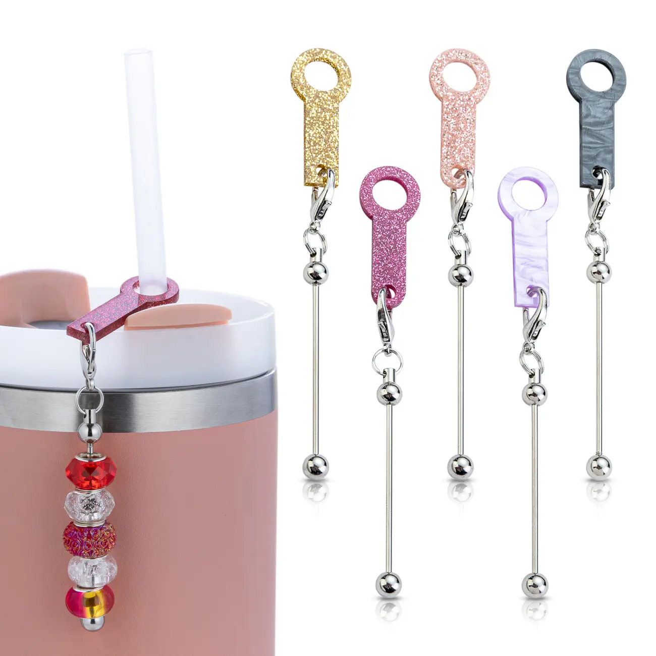 15pcs-Assorted DIY Acrylic Beaded Straw Pendants, 30pcs Option, Sparkling Water Ripple Design, Kitchen Drinkware Accessories for Water Cup Straw Decoration, Drinking Gadgets