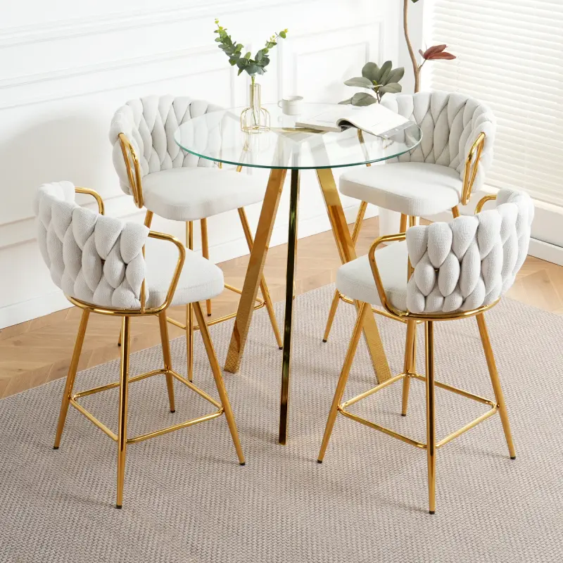 [SOIYELIFE] Stylish white cotton and linen design, gold-plated metal table legs, round tempered glass countertop, bar chair cover, suitab for bar, restaurant, bedroom bar chair, Bar counter + bar chair(3-piece set/5-piece set available)