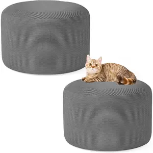 2PCS 20 * 20 * 12inch Unstuffed Unfillable Round Corduroy Ottoman Pouf Cover Foot Rest Stool Covers with Storage for Living Room Bedroom Home Decor, Grey