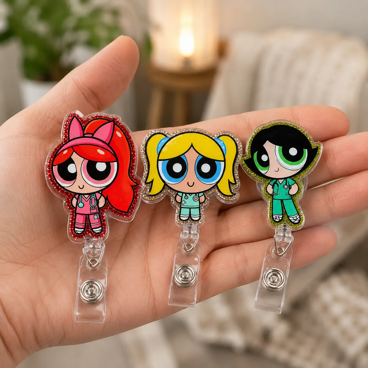 Badge Reel for Nurses, Cute Big Eye Cartoon Girl Acrylic Retractable ID Badge Holder, Colorful Medical Scrubs Badge Clip for Healthcare Workers and Nursing Students