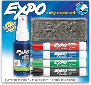 EXPO Low Odor Dry Erase Marker Set with 6 Pieces of Markers, Eraser & Cleaner, Chisel Tip Design, Available in Assorted Colors