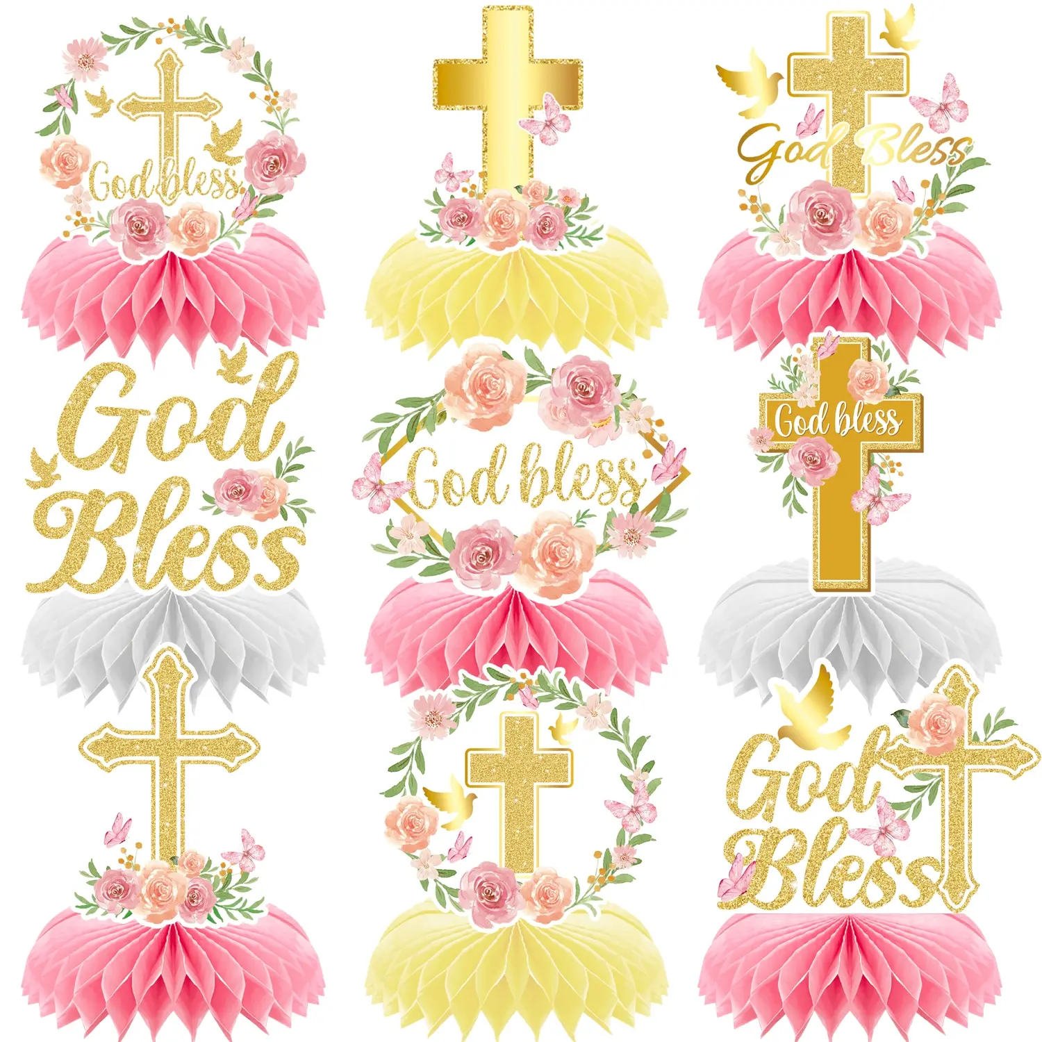 9Pcs Pink Floral God Bless Centerpiece Decorations Set, Party Supplies Set, First Communion Honeycomb Double Sided Table Toppers for Baby Girl Baptism Party Decor Christening Religious Ornaments Photo Props Room Decor Decorative Ornaments Style Ornament