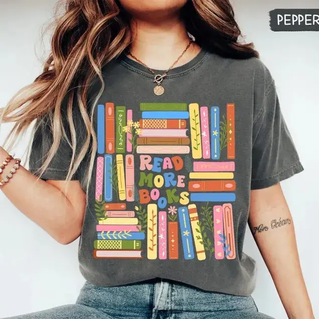 Read More Books Shirt, Comfort Colors Graphic Tee, Cute Book Lover T-Shirt, Librarian Gift, Teacher Shirt, Colorful Bookshelf Graphic Tee