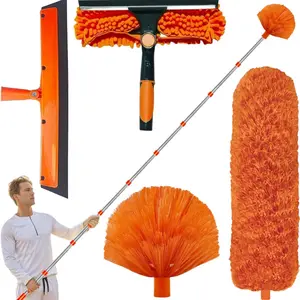 1 Set 20+ Feet High Reach Duster Kit with 3-14 ft Extension Pole,Ceiling Dusting and Window Cleaning Kit with Spliceable Pole,Window Washer & Squeegee,Cobweb Duster,Valentine's Day Gifts,Tools & Hardware
