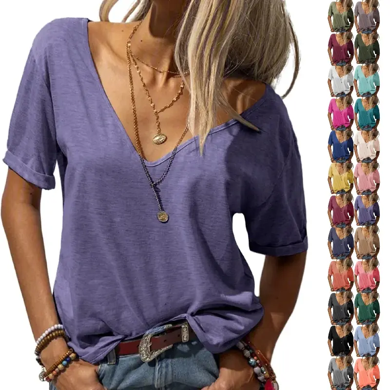 Tankaneo Women's Fashion Deep V-Neck Short Sleeve Tops Solid Casual Loose Basic T Shirt