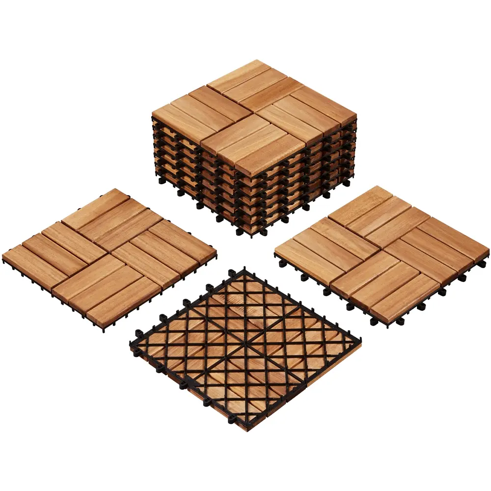 Costoffs 10-Pack 12.5"x12.5" Sturdy Acacia Wood Interlocking Deck Tiles, Waterproof Non-Slip DIY Wood Look Tiles for Outdoor Patio, Balcony Flooring Use