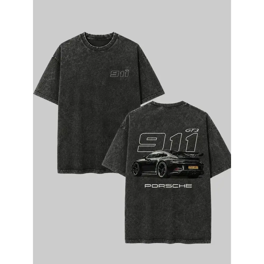 911 GT3 Racing Unisex T-shirt, washed cotton fabric, oversized fit, menswear tops, streetwear, crew neck, Opaque, Short Sleeve Tops, Machine Wash