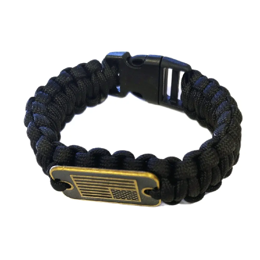 Survival Bracelets - Black Rope with Blue Accents & Gold American Flag Charm for Survival Use