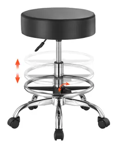 【Spotlight Day】VEVOR Rolling Stool with Foot Rest and Wheels, 450 LBS Weight Capacity Round Rolling Stool Chair, Height Adjustable Thickened PU Leather Swivel Stool for Salon, Spa, Massage, Tattoo, Clinic, Black