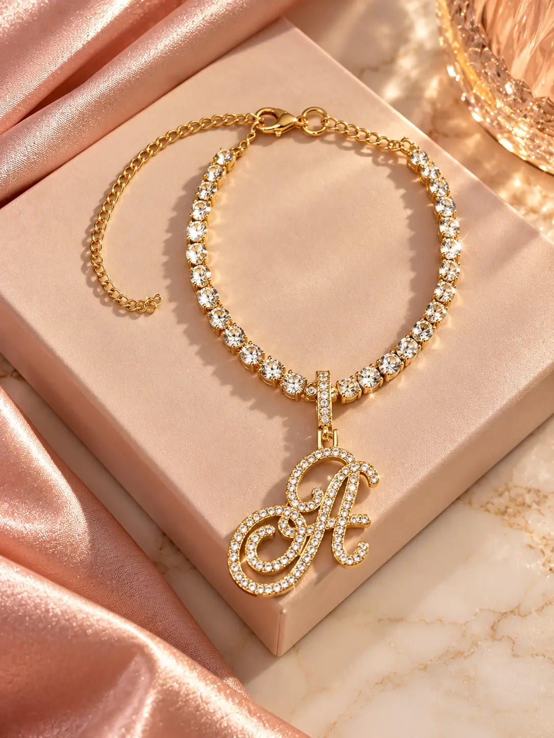 SOLEA Diamond Initial Cursive Letter Adjustable Anklet