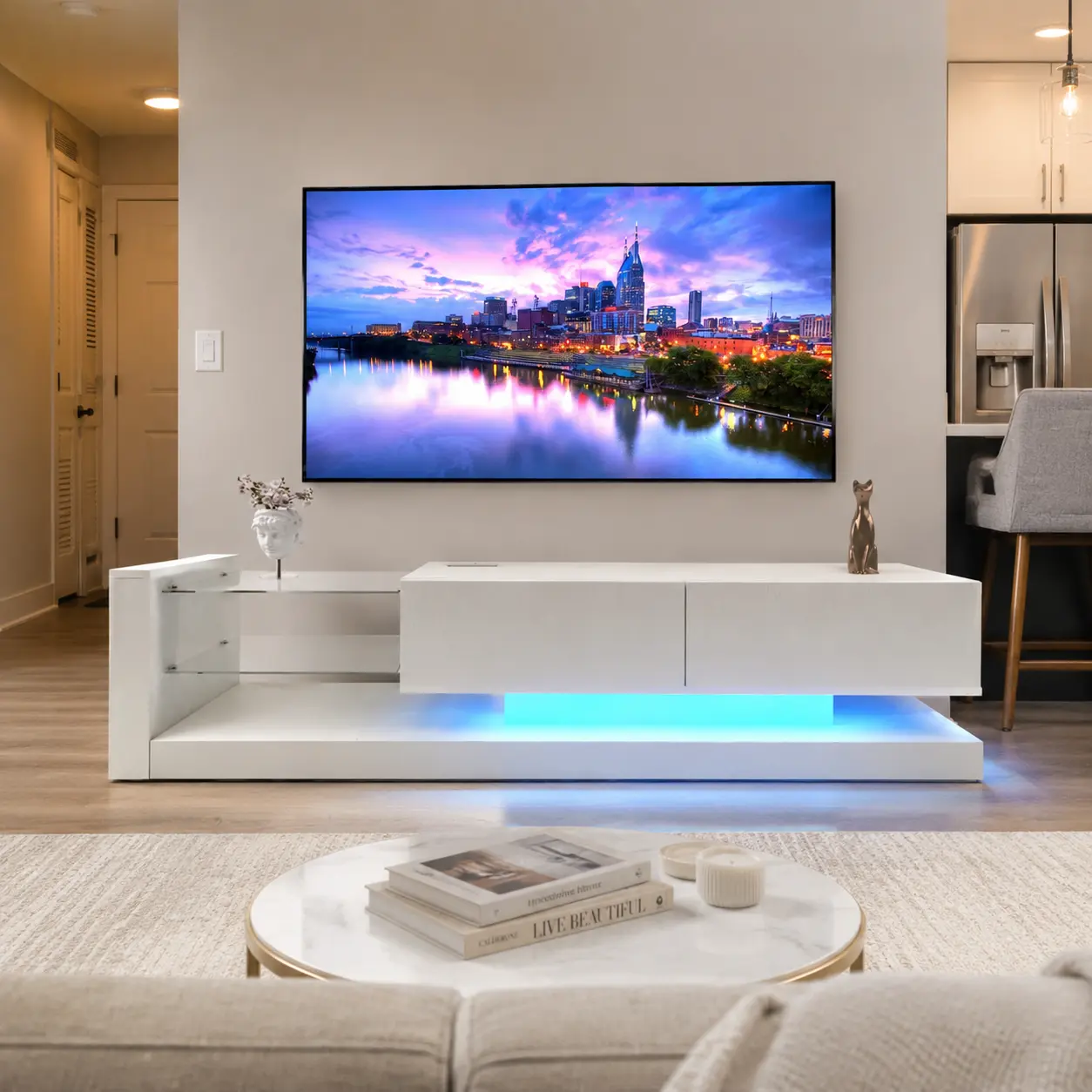 SAVEYOUR  TV Stand for 55 65 75 Inch TV, LED Entertainment Center with Power Outlet, Modern White/Black TV Console Cabinet, Large Media Console Table with Storage Shelves, Home Theater Furniture for Living Room Apartment Bedroom