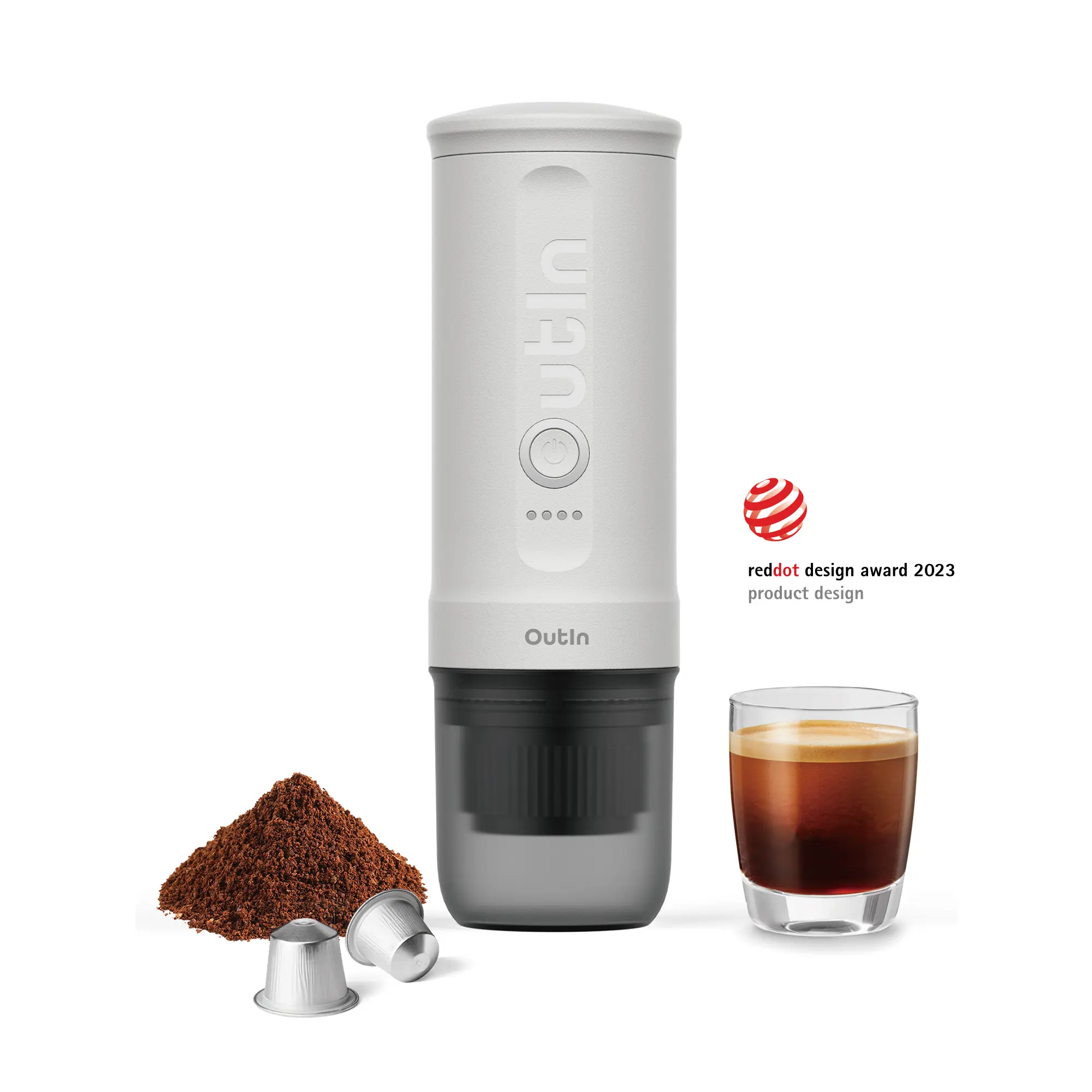 Outin Nano Portable Espresso Machine (Pearl White) with Self-Heating, 12V/24V 20 Bar Mini Car Coffee Maker, Compatible with NS Capsule & Ground Coffee