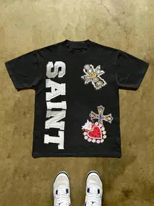 1pc Unisex Oversized "SAINT" Graphic T-Shirt | Crystal Cross Embellished Streetwear | Comfortable  Top for Casual Outings & Street Style