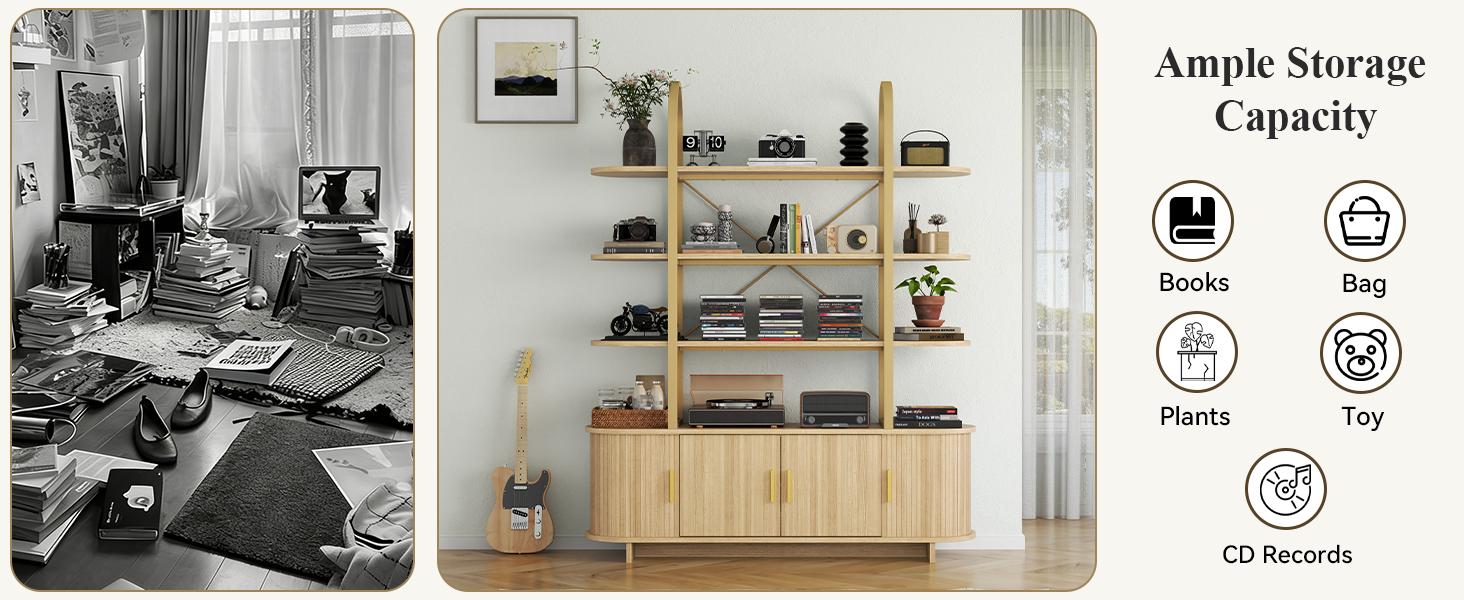 Mid-Century Modern Curved Bookcase, 4-Tier Fluted Arched Bookshelf with Sliding Tambour Doors and Closed Storage Cabinet, Multi-Functional Wide Display Cabinet, Freestanding Book Organizer for Living Room, Bedroom, Home Office(1pc))