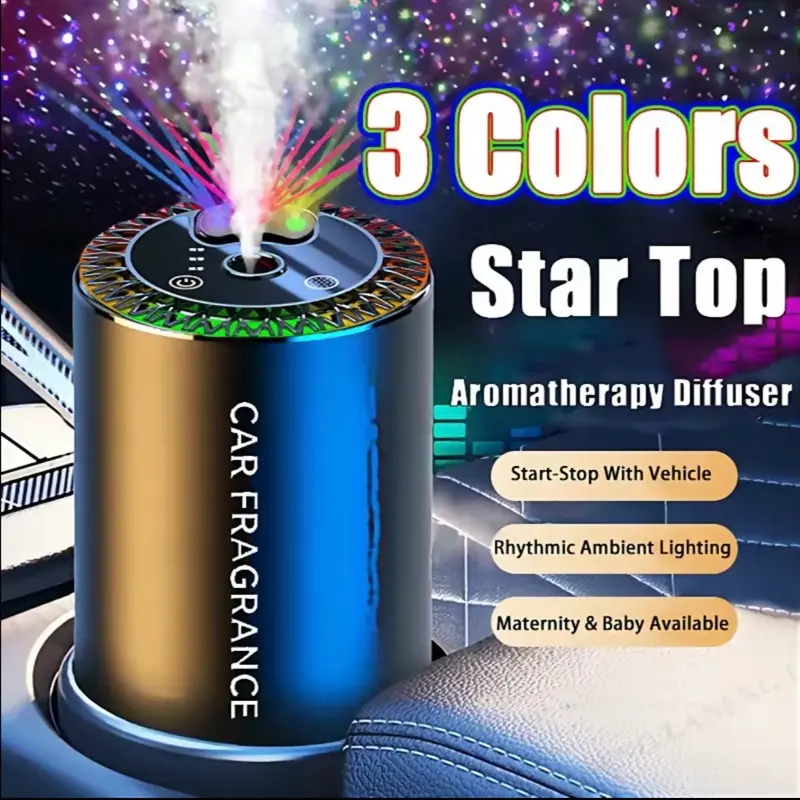 Smart Car Air Freshener Diffuser, [Summer Vibes]  Rechargable Automative Waterless Car Diffuser with 3 RGB Colors Starry Sky Projection , for Essential Oils with Star Projector, Adjustable Scent with LED Lights- #gift