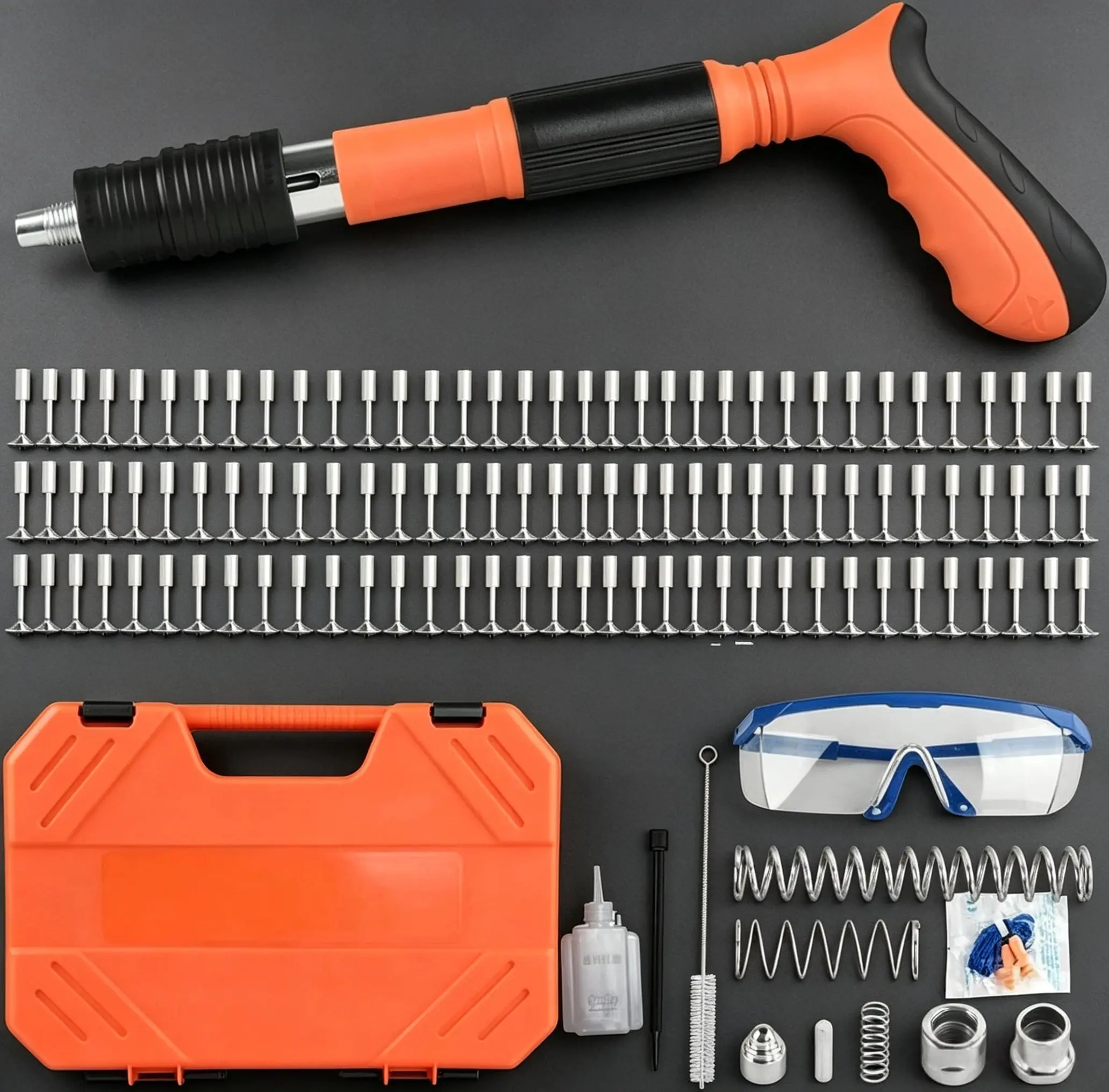 Manual Mini Steel Nail Gun with 100Pcs Nails, 5 Gears Power Adjustable Wall Fastening Tool for Ceiling, Portable Concrete Nail Shooting Machine Heavy Duty Rivet Gun Tool Set