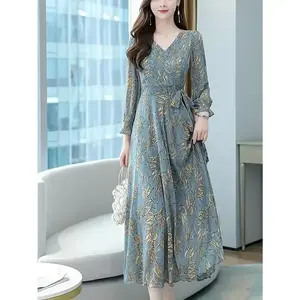 Women's Floral Dress - Fashionable V-neck, Large Skirt, Flower Print, Long Sleeve, Breathable - Elegant And Casual Mid Length Skirt